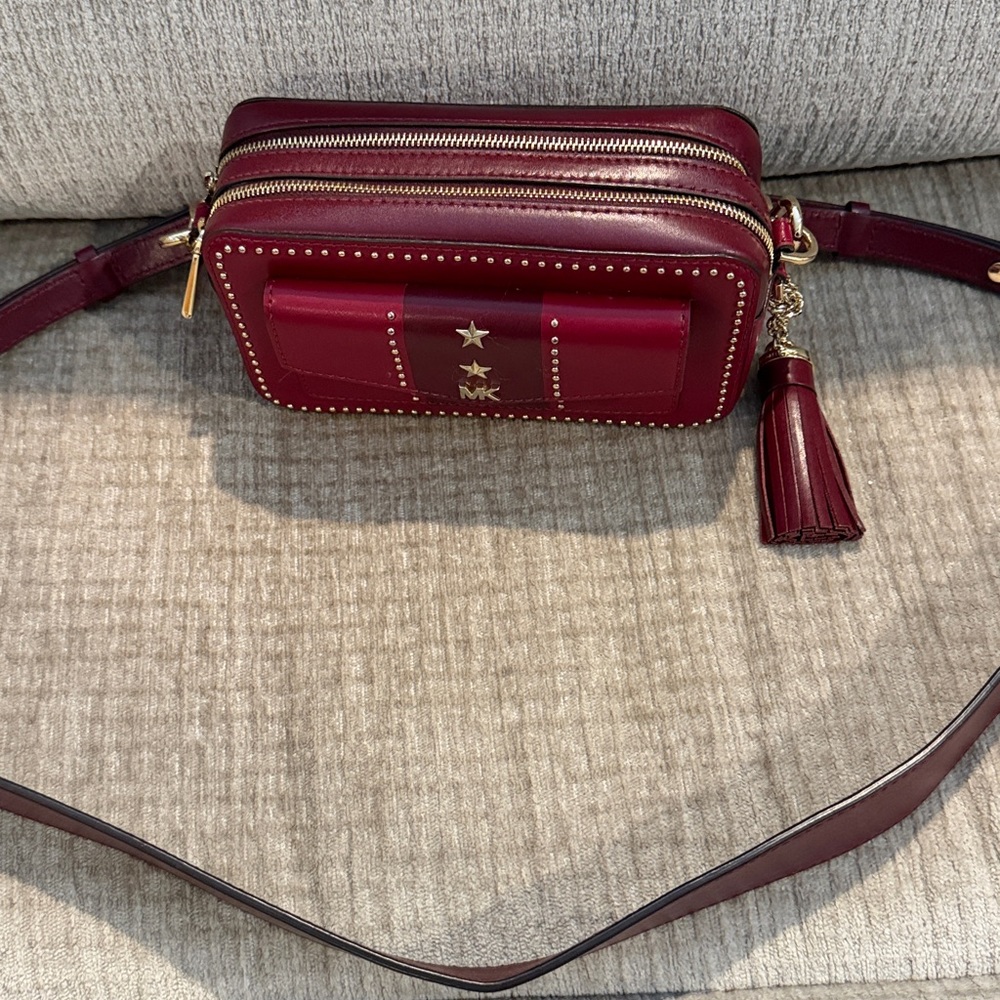 Michael Kors Wine studded camera Crossbody Bag with Gold Accents 4 x 7 - Picture 8 of 12